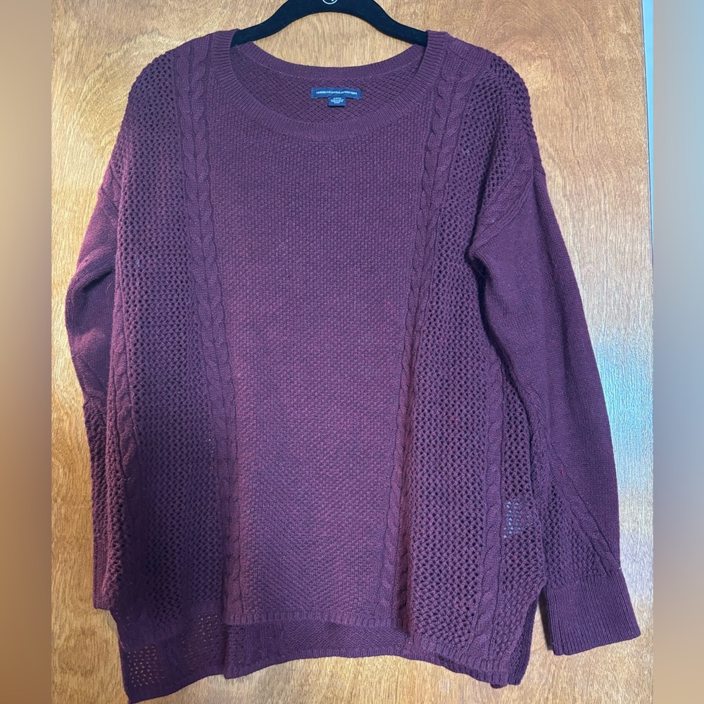 American Eagle Outfitters Women’s Cable & Open-Knit Crewneck Sweater - Plum